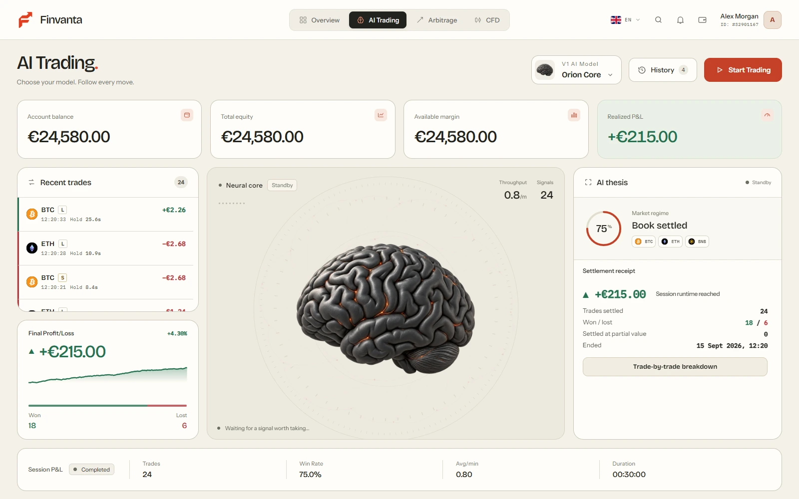 The AI Trading Room with its neural core, session controls, recent trades and open positions.