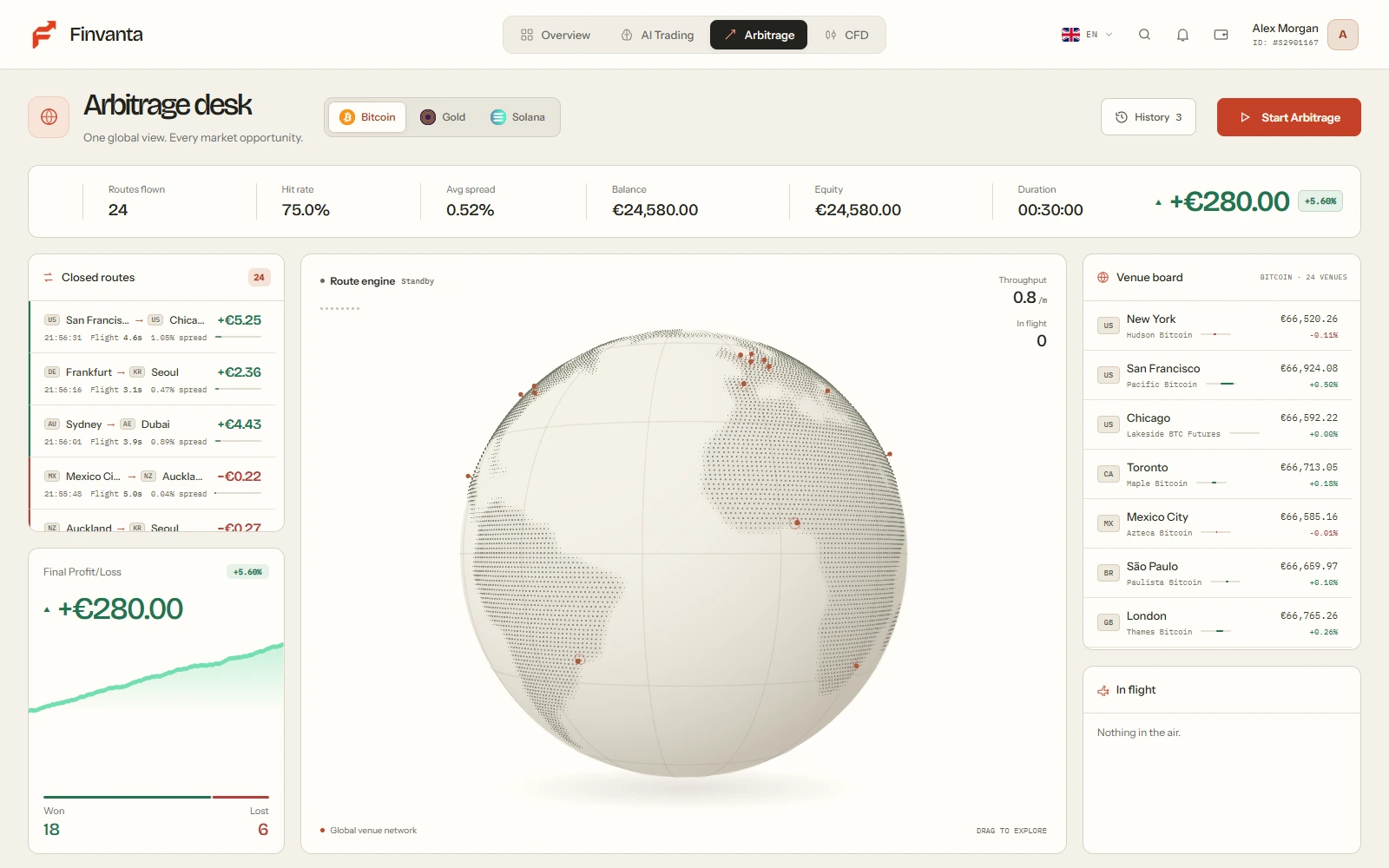 The Arbitrage Desk with its illuminated globe, cross-venue routes and session controls.