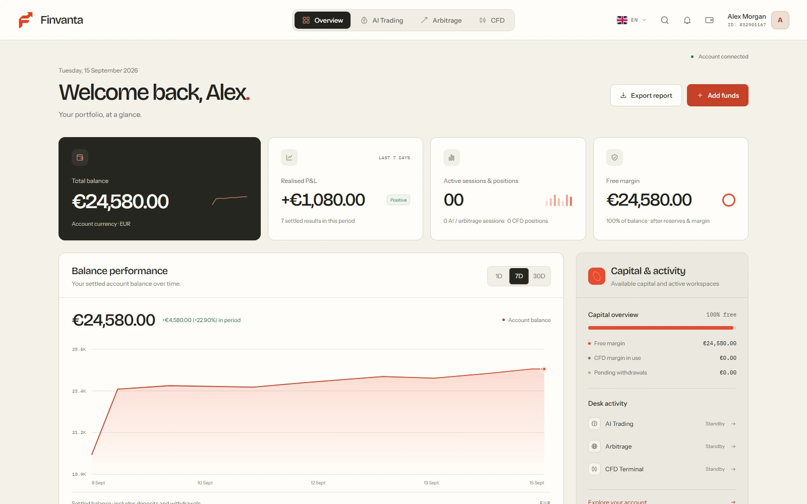 The Finvanta Overview with balance performance, portfolio pulse and recent account activity.